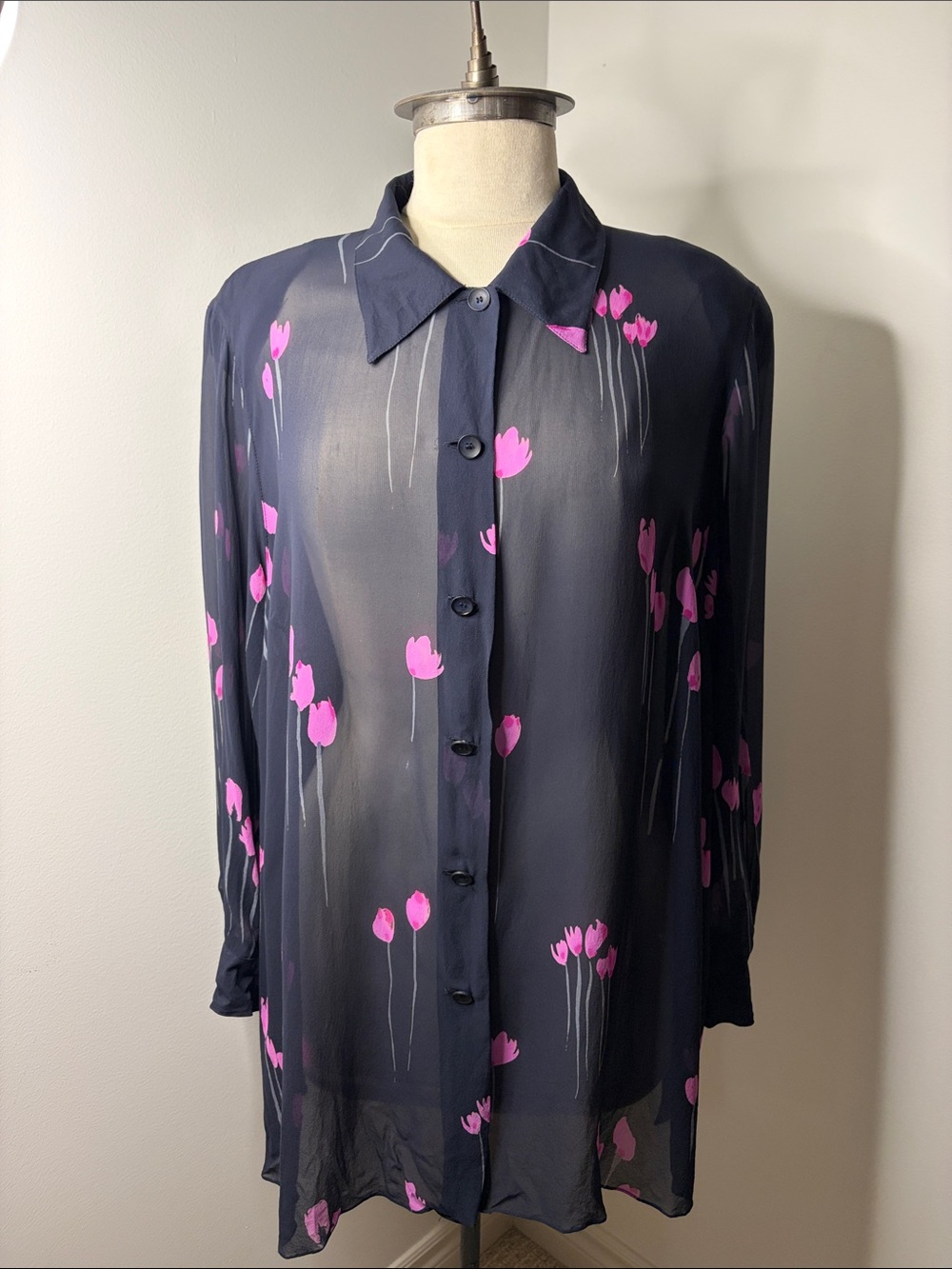 Marina Rinaldi Navy Sheer Button-Down Blouse with Pink Floral Motif